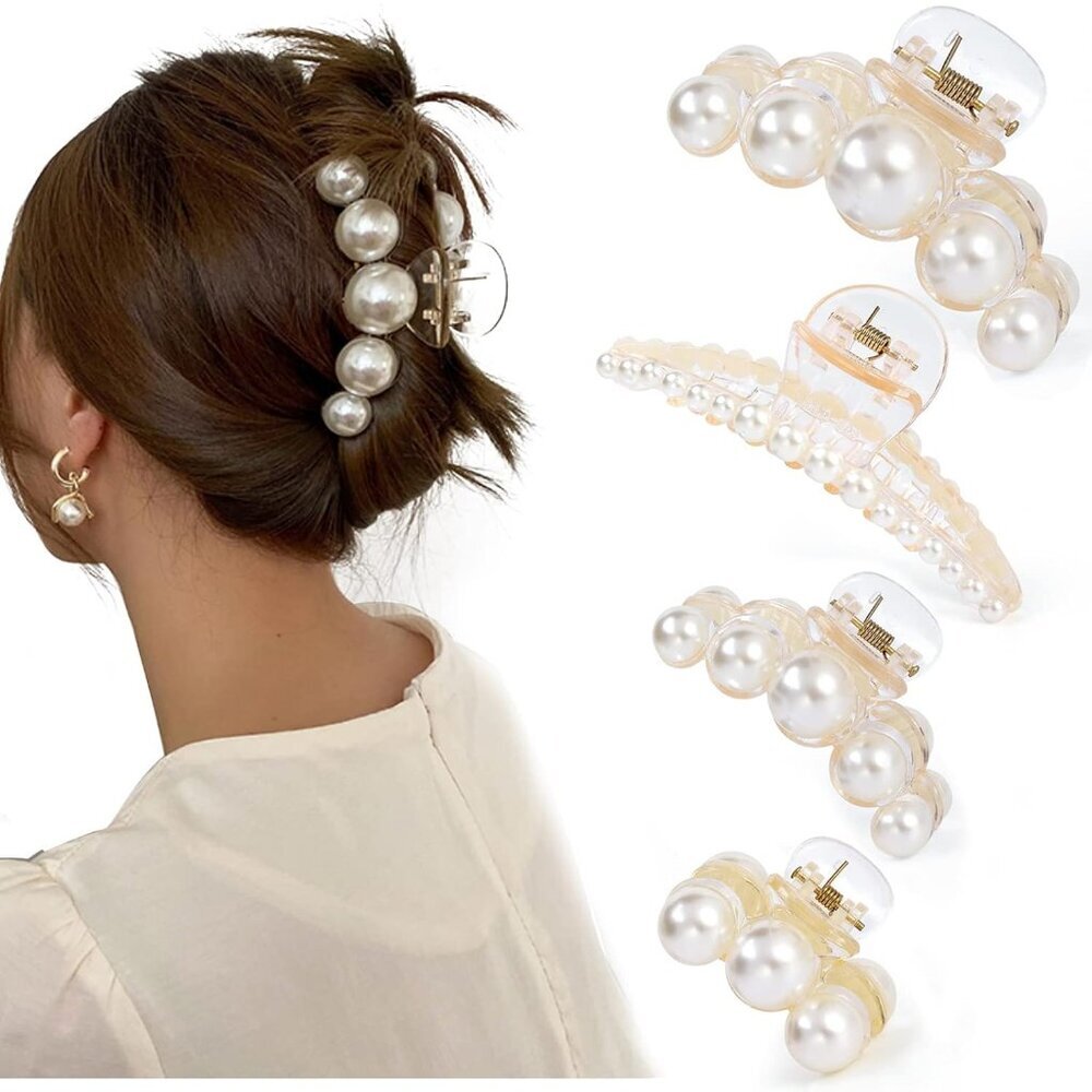 4 PCS Large Pearl Hair Claw Clips for Women Girls, Fashion Hair Barrette Styling